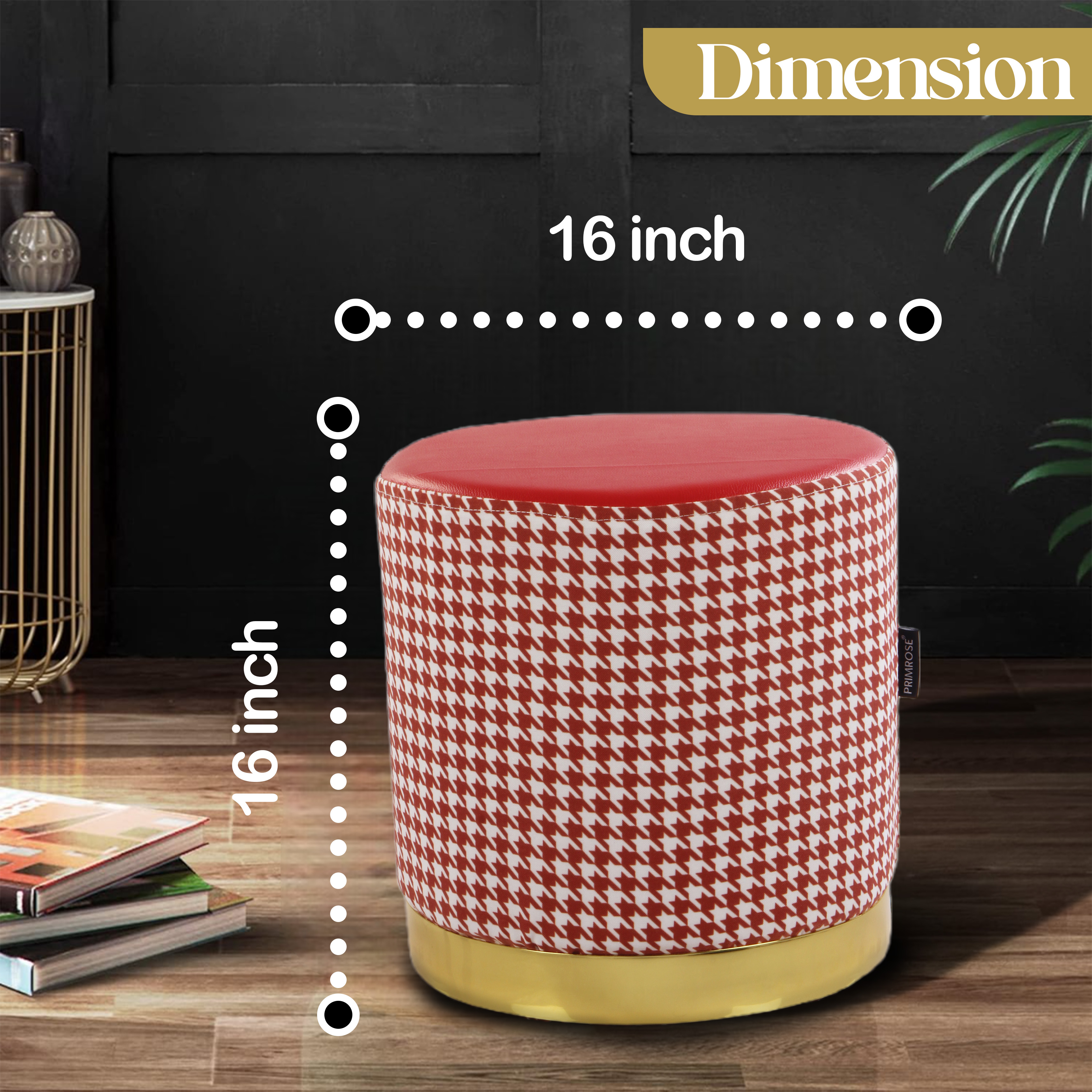 Primrose Candy Houndstooth Ottoman Sitting, Pouffe Stool for Living Room - Red view 2