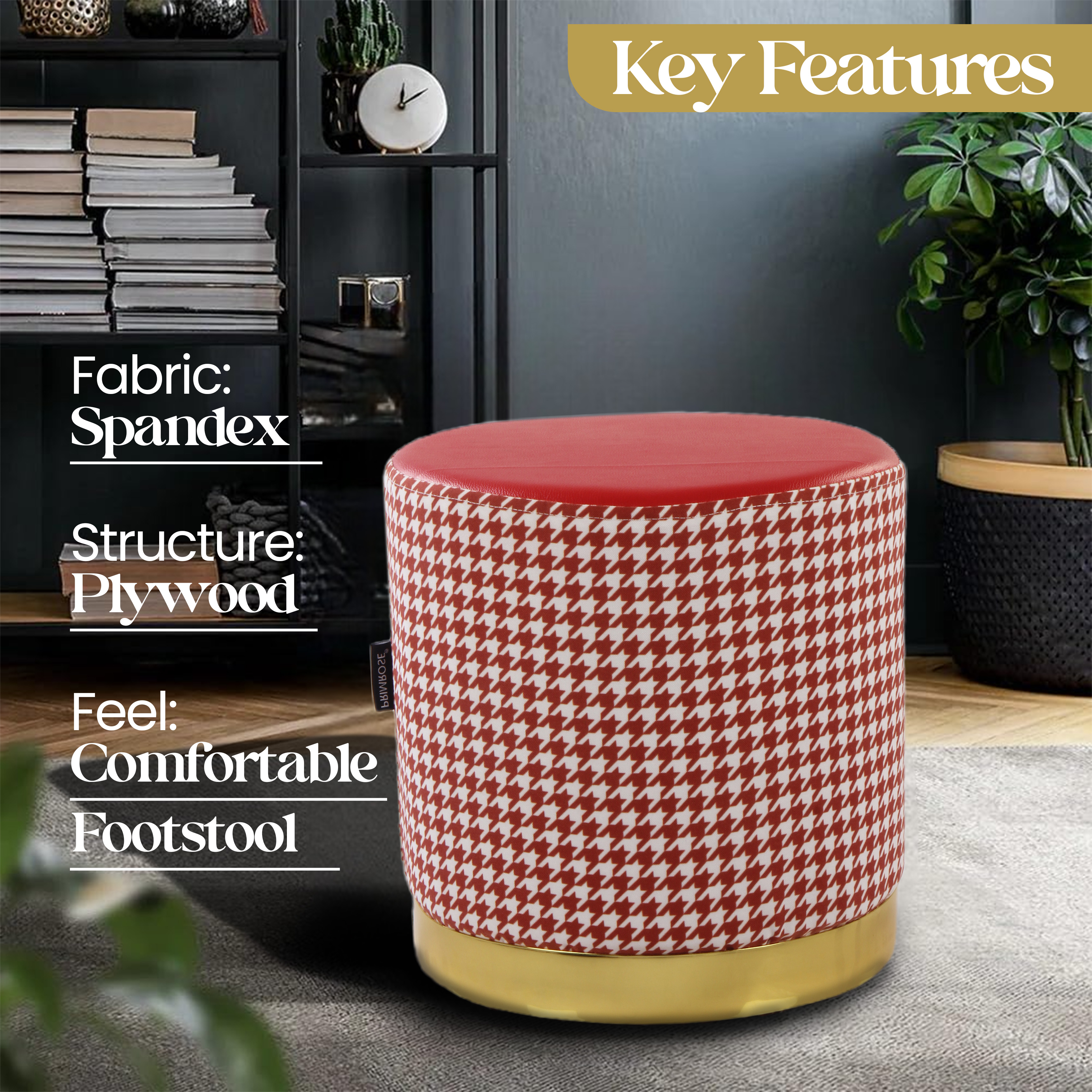 Primrose Candy Houndstooth Ottoman Sitting, Pouffe Stool for Living Room - Red view 3