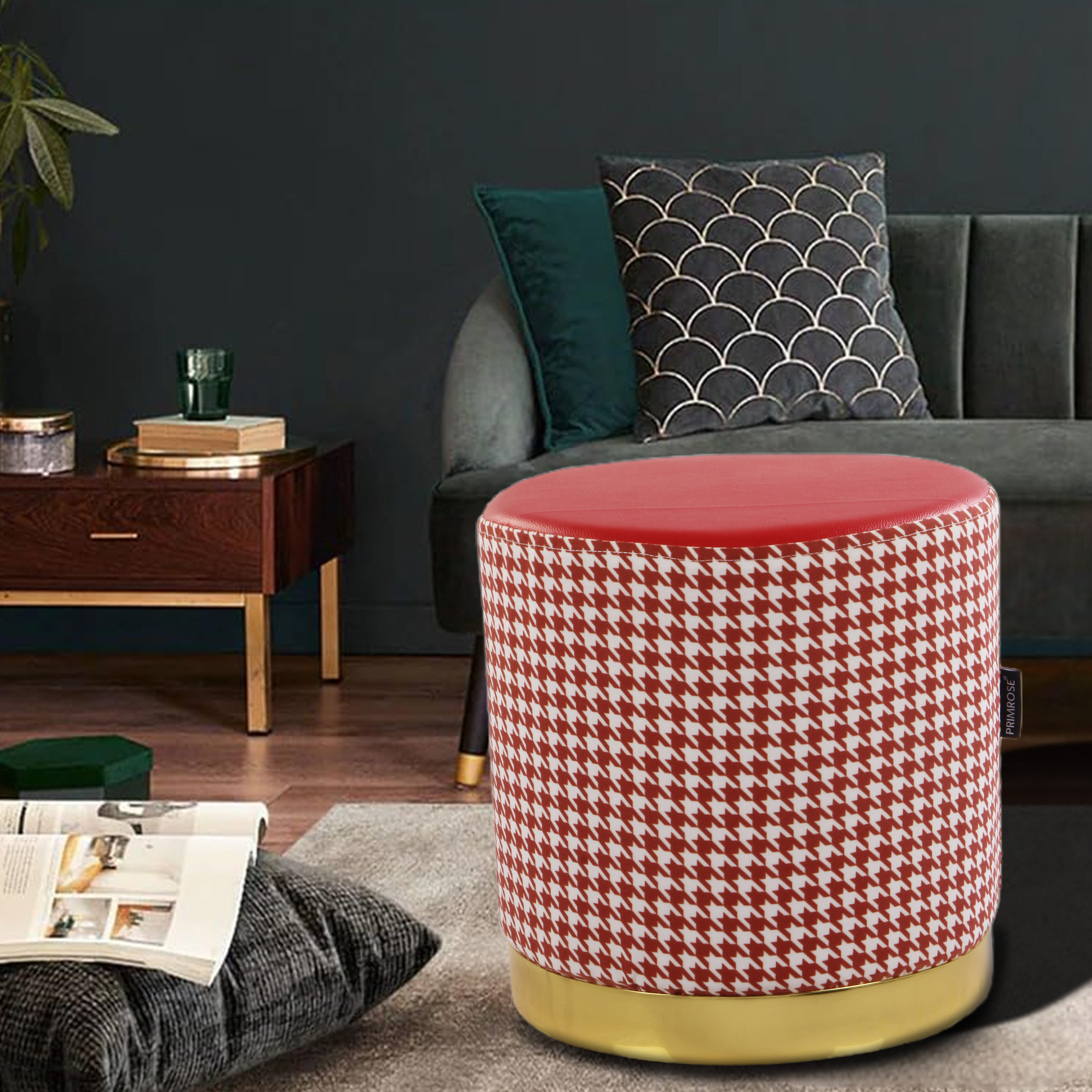 Primrose Candy Houndstooth Ottoman Sitting, Pouffe Stool for Living Room - Red view 4
