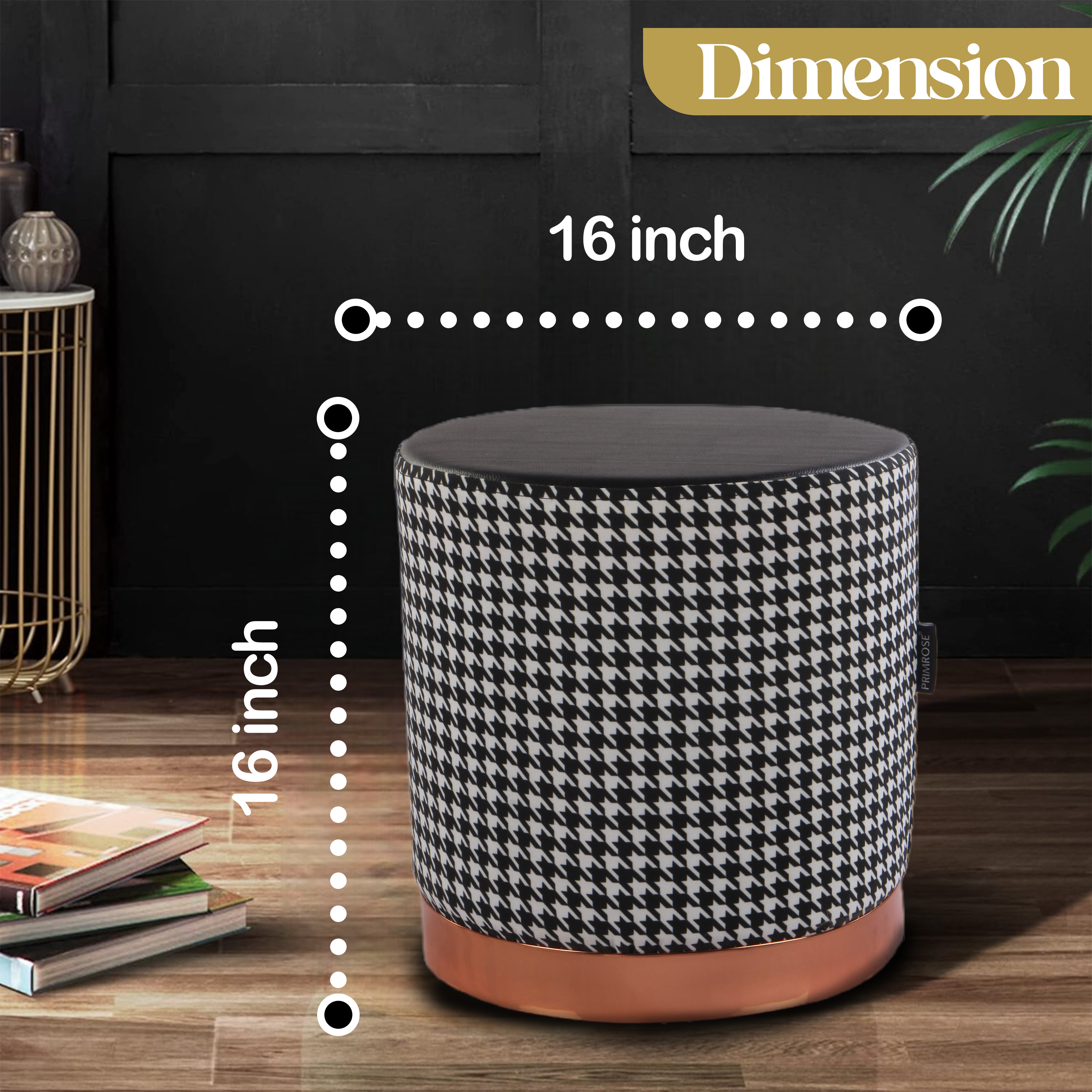 Primrose Candy Houndstooth Ottoman Sitting, Pouffe Stool for Living Room - Black view 2