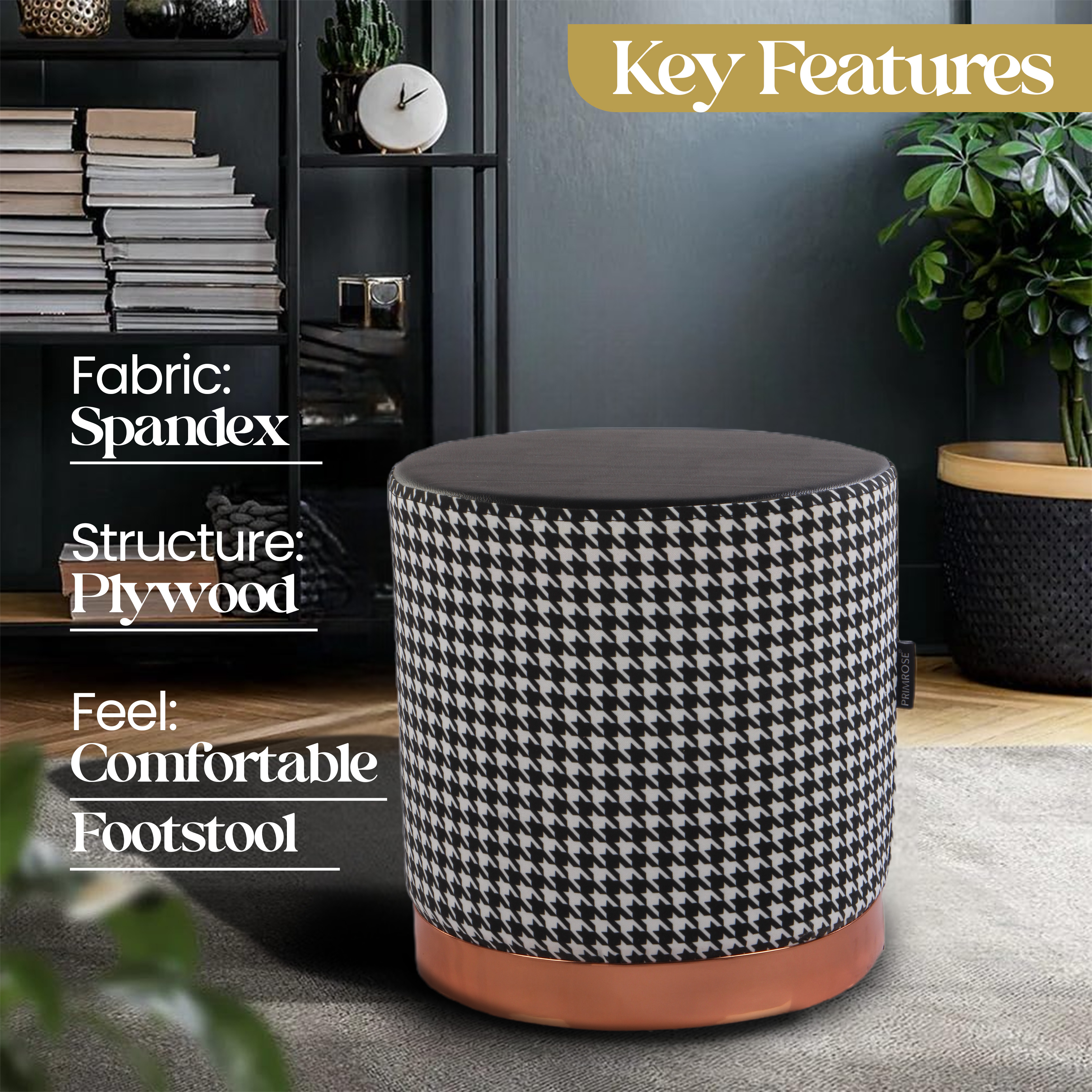 Primrose Candy Houndstooth Ottoman Sitting, Pouffe Stool for Living Room - Black view 3