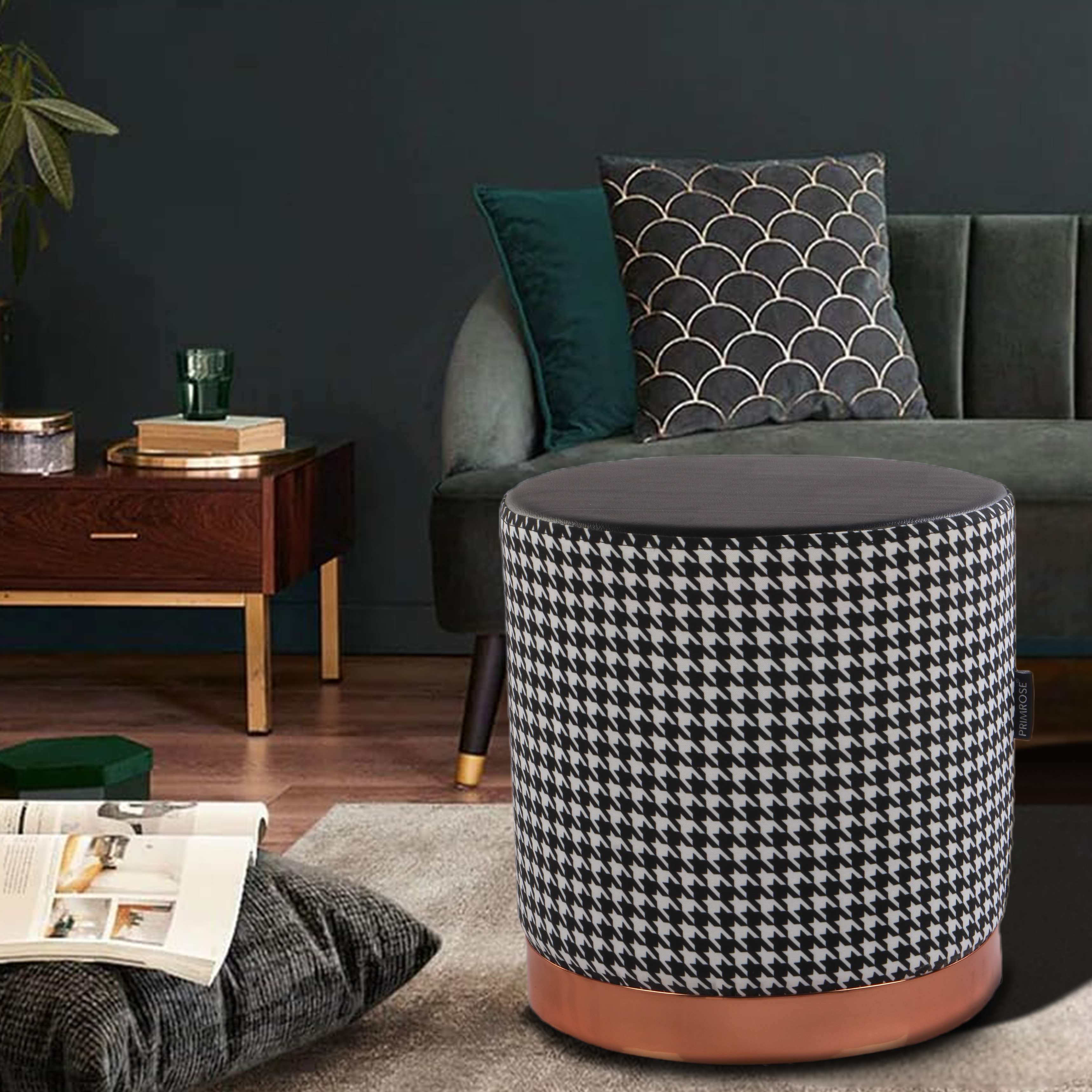 Primrose Candy Houndstooth Ottoman Sitting, Pouffe Stool for Living Room - Black view 4