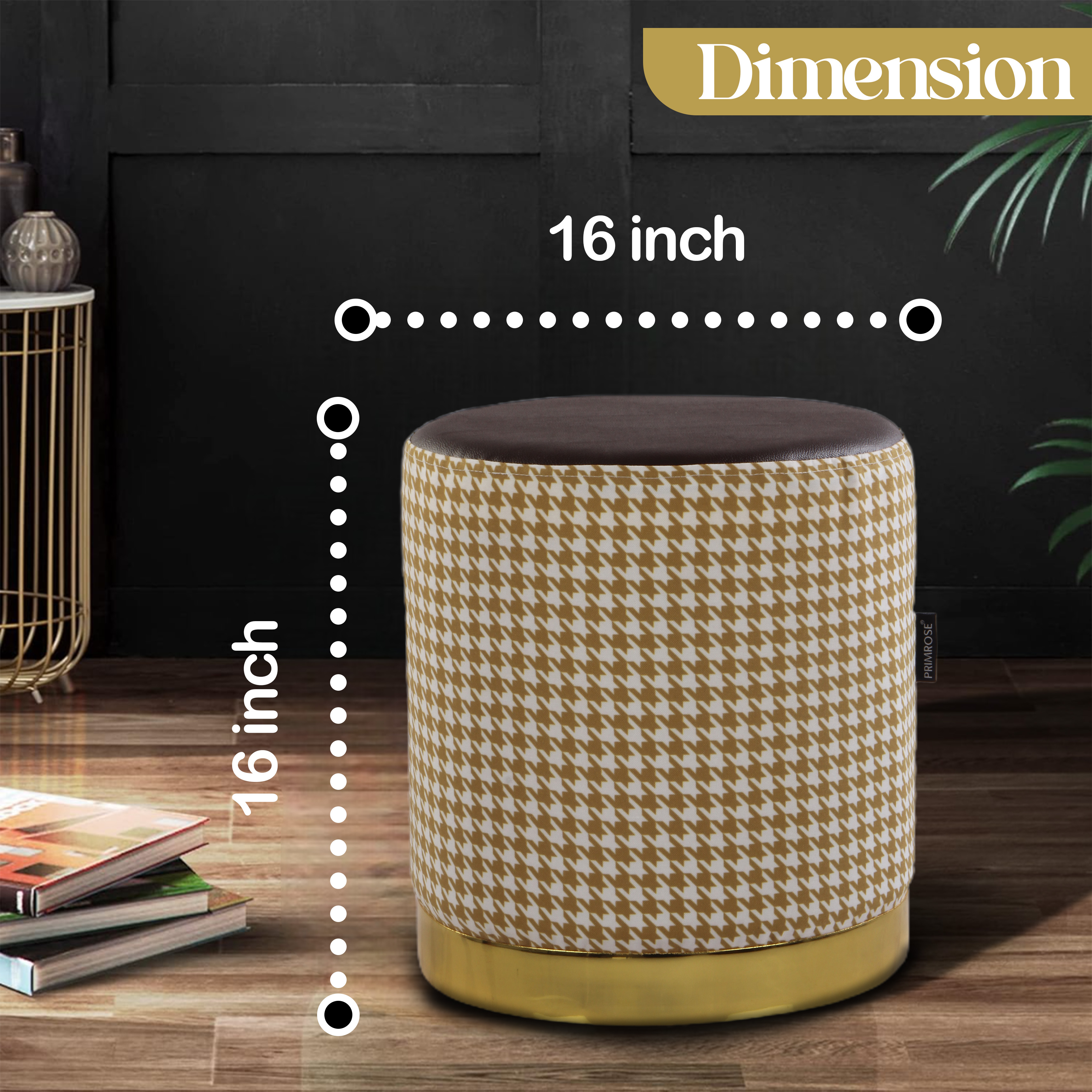 Primrose Candy Houndstooth Ottoman Sitting, Pouffe Stool for Living Room - Golden view 2