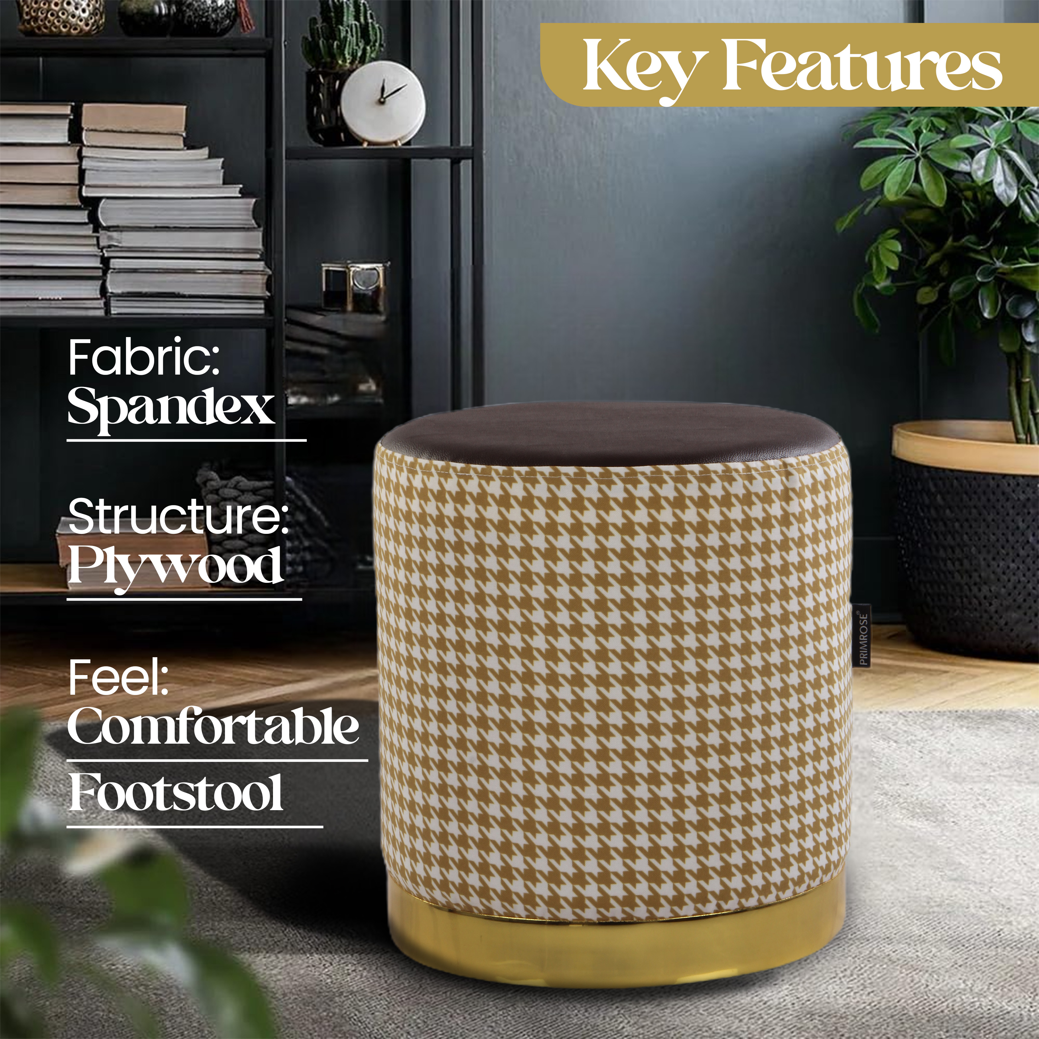 Primrose Candy Houndstooth Ottoman Sitting, Pouffe Stool for Living Room - Golden view 3