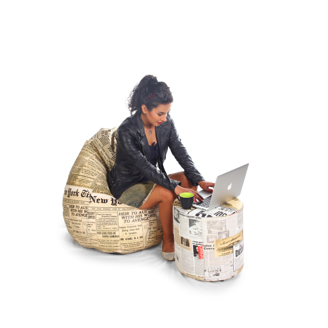 Orka Digital Printed  XXXL Bean Bag Footstool Filled With Beans - (Newspaper)