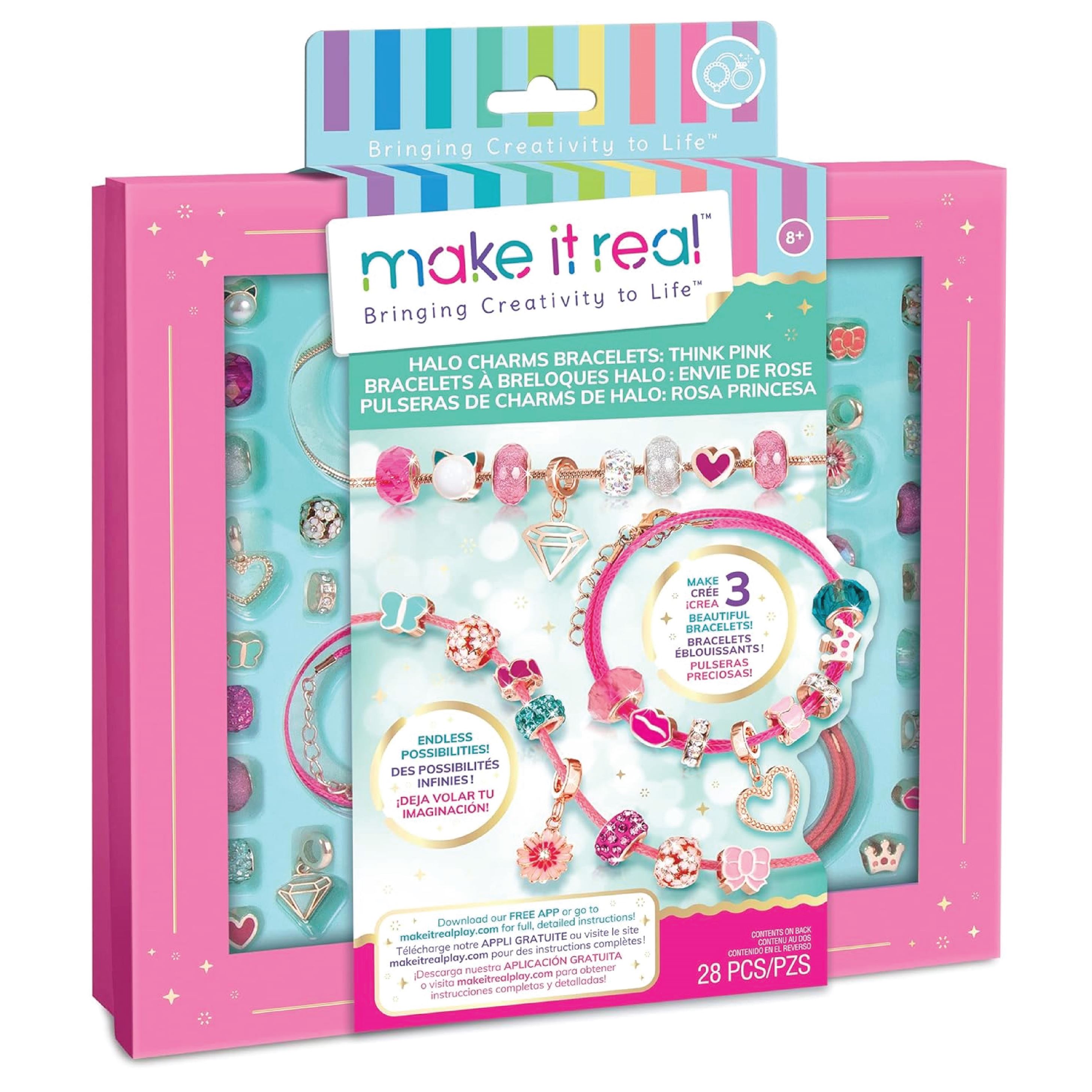 Make It Real Halo Charms Think Pink|Create 3 Beatiful Bracelets|Includes 1 Metallic Bracelet,2 Cord Bracelet,15 Decorative Beads,3 Charms,6 Bead Charms|28pcs DIY Arts & Crafts, Girls 8+|Made in India