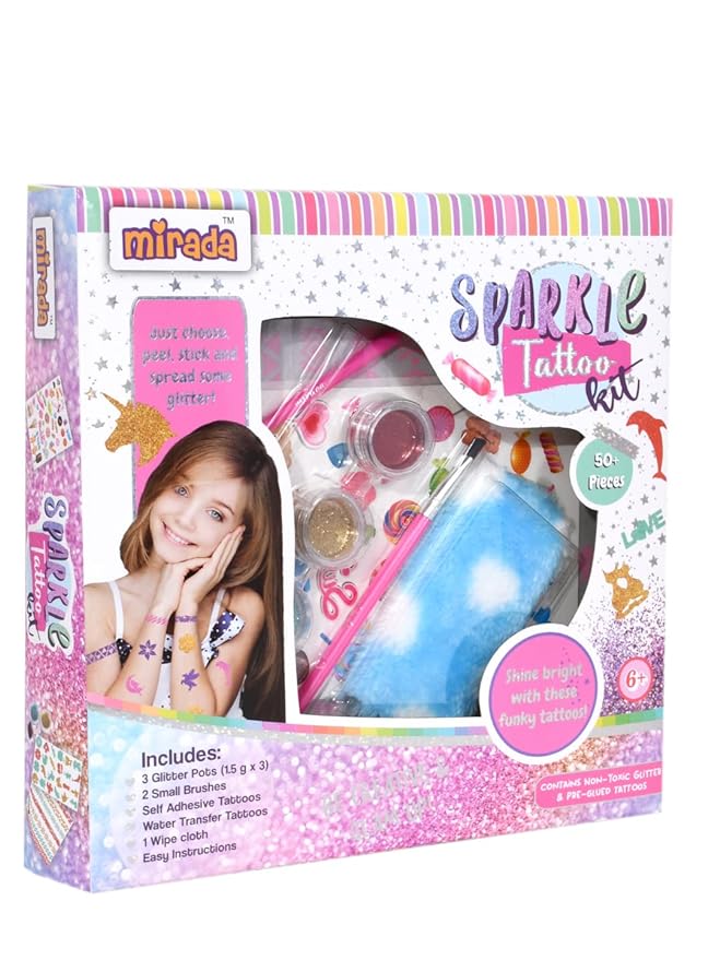 Mirada Sparkle Tattoo Kit Nail Art Kit for Girls | Fashionable Return/Birthday Gift | Includes Glitter Pots, Brushes & Tattoo Sheets
