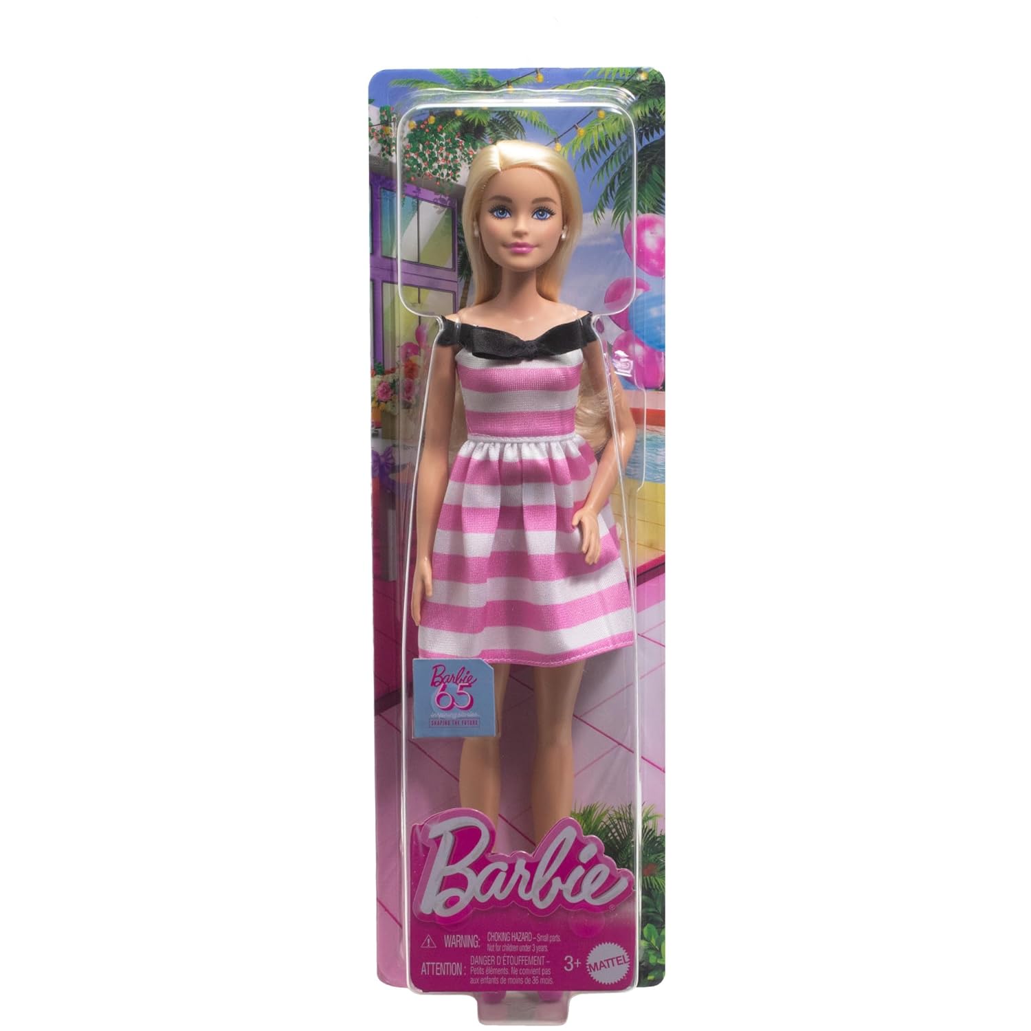 Barbie Doll and Accessories, 65th Anniversary Commemorative Doll with Blonde Hair, Pink and White Striped Dress with Matching Heels