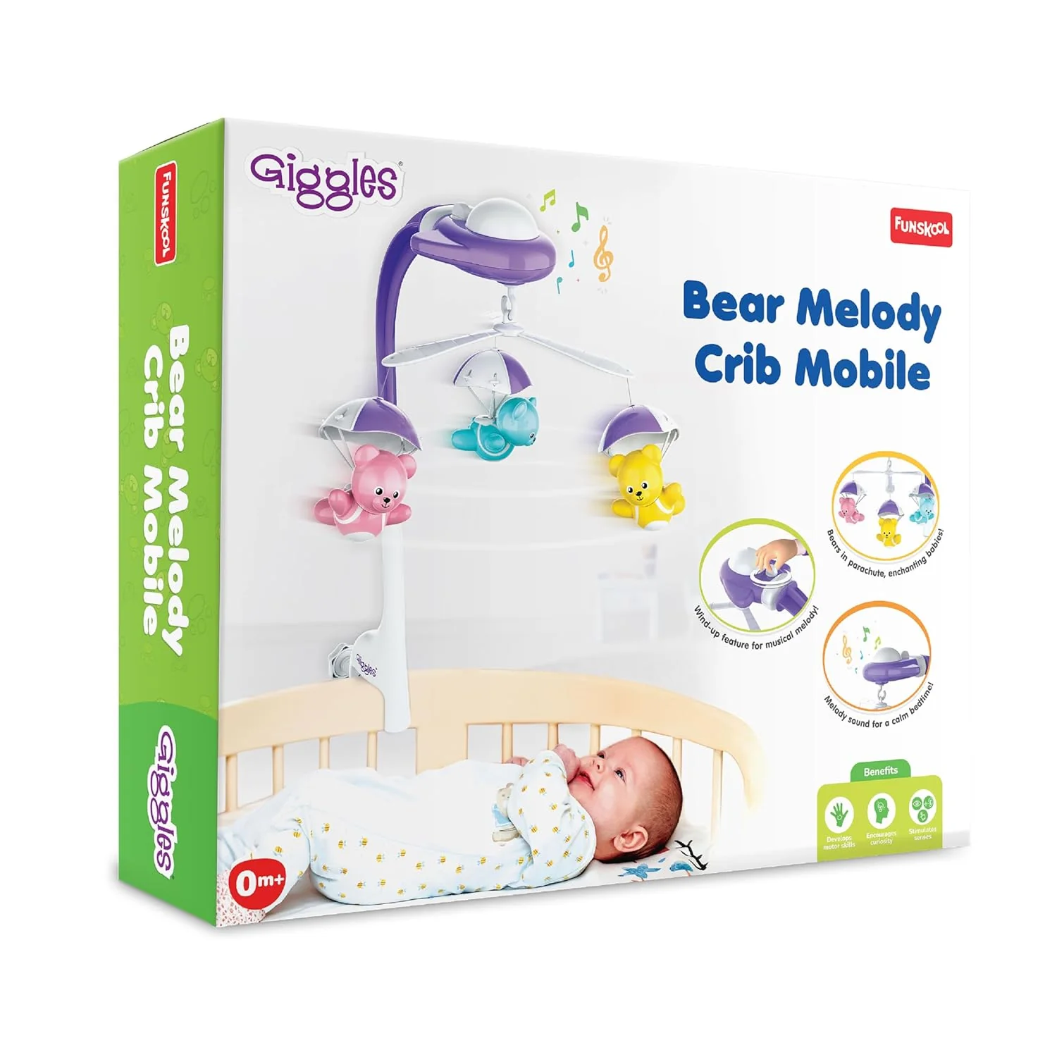 Funskool Giggles Bear Melody Crib Mobile, Bears in Parachute, Cot Mobile, Visual and Audtory Senses, New Born Babies, Soothing Melody, Multicolour