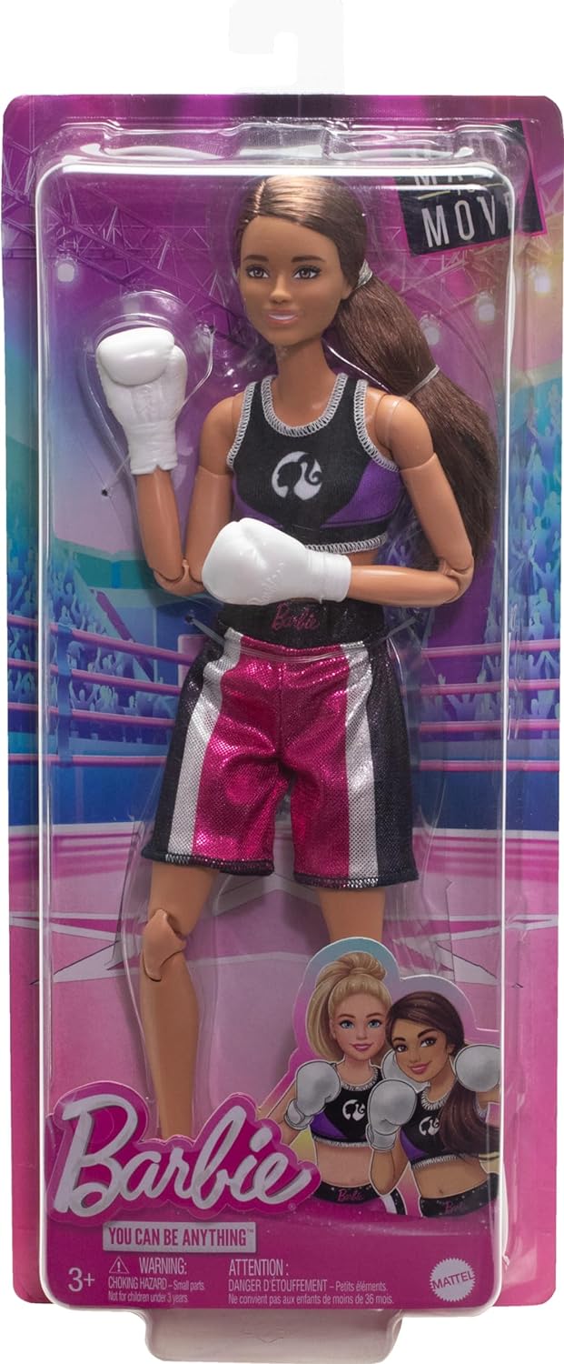 Barbie Made to Move Doll & Accessories, Brunette Boxer Wearing Removable Uniform with Boxing Gloves, 22 Bendable Joints