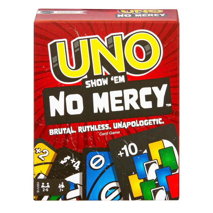 Mattel Games  UNO Show 'em No Mercy Card Game for Kids, Adults & Family Parties and Travel with Extra Cards, Special Rules and Tougher Penalties.