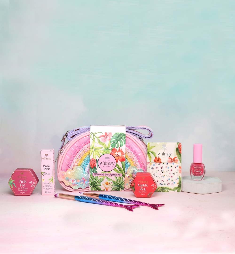 Whimsy 6 pcs Safe & Organic Sling Bag Beauty Kit for Teen, PreTeen Girls|Non-Toxic Lip Cheek Tint, Lip Gloss, Eye Glitter, Nail polish, Nail Sticker|Cruelty-Free & Vegan|Water Washable Make Up (Pink)