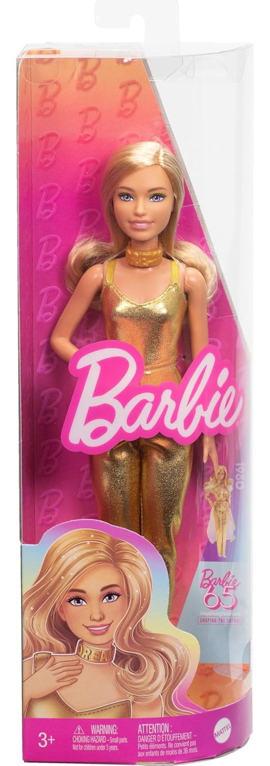 Barbie Fashionistas 222 Little Silhouette Doll with Blonde Wavy Hair Gold Jumpsuit and Accessories, 65th Birthday Collection Doll, HRH19