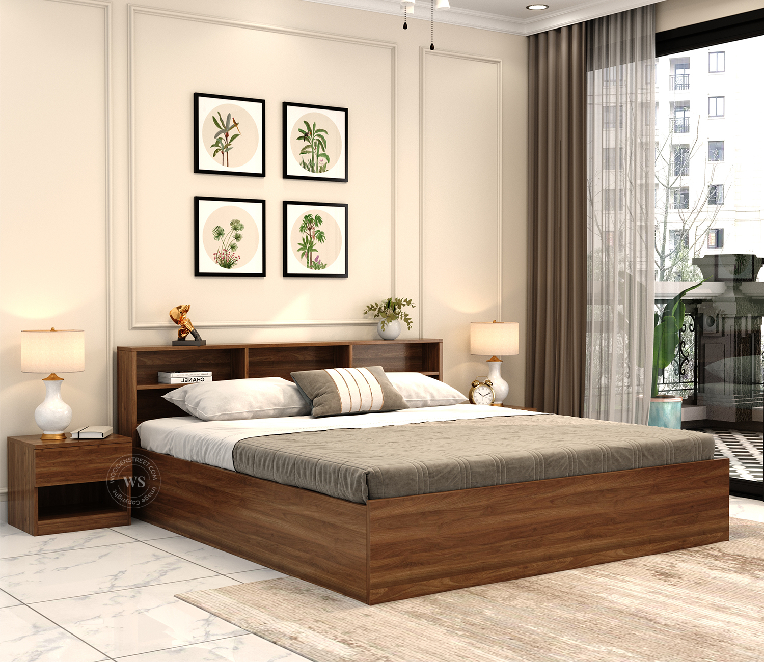 Orka Home Barriss Bed with Box Storage King Size (Columbian Walnut Finish)