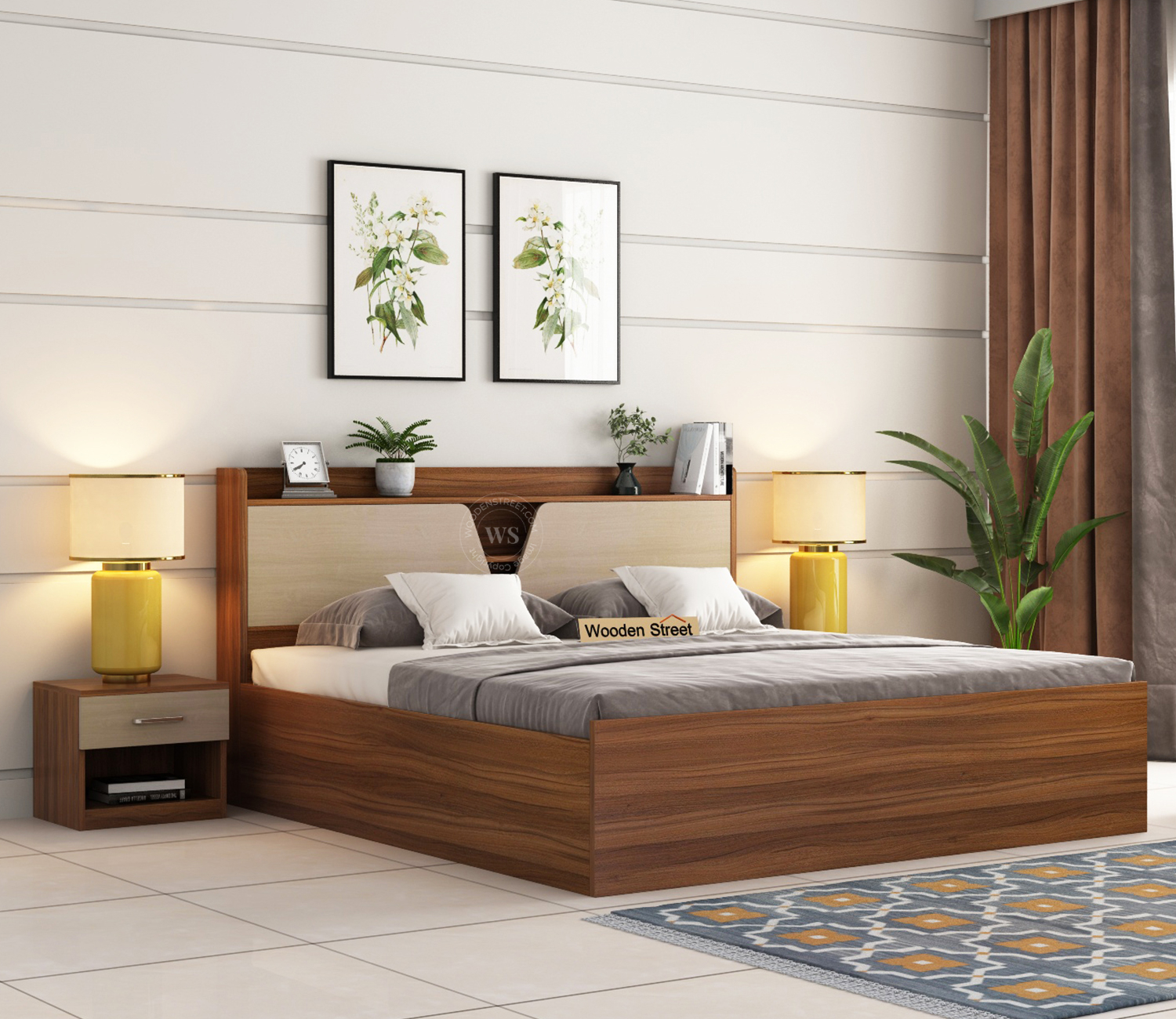 Evaline Bed with Box Storage Queen Size (Exotic Teak Finish)