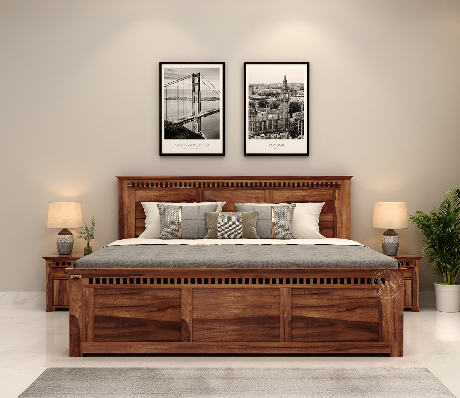 Adolph Bed with Storage Queen Size (Honey Finish)