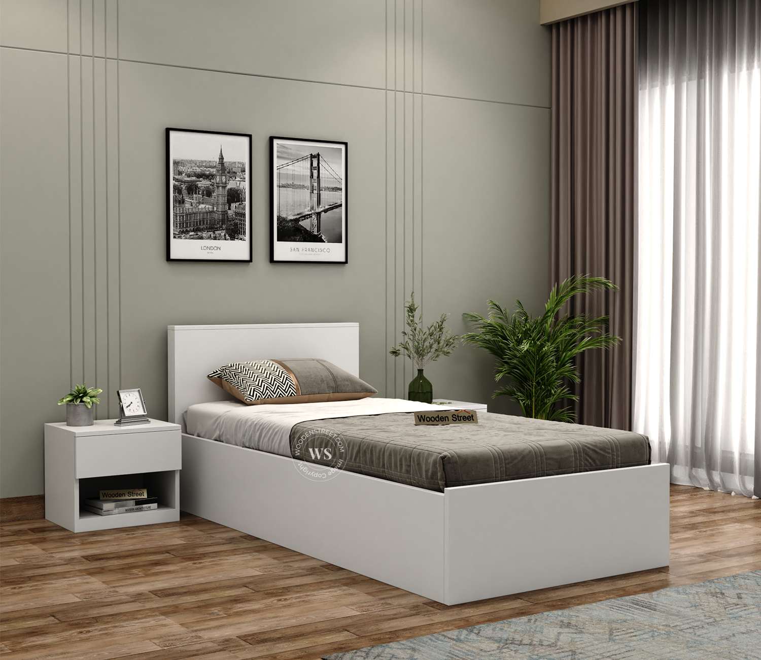 Clemency Single Bed with Box Storage (Frosty White Finish)