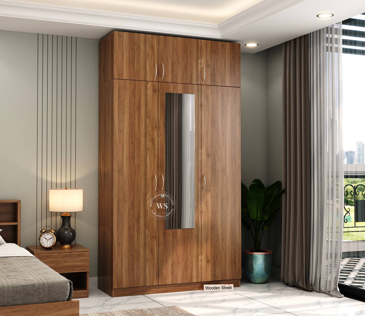 Haydon 3 Door Multi-Utility Wardrobe with Mirror and Loft – Columbian Walnut Finish
