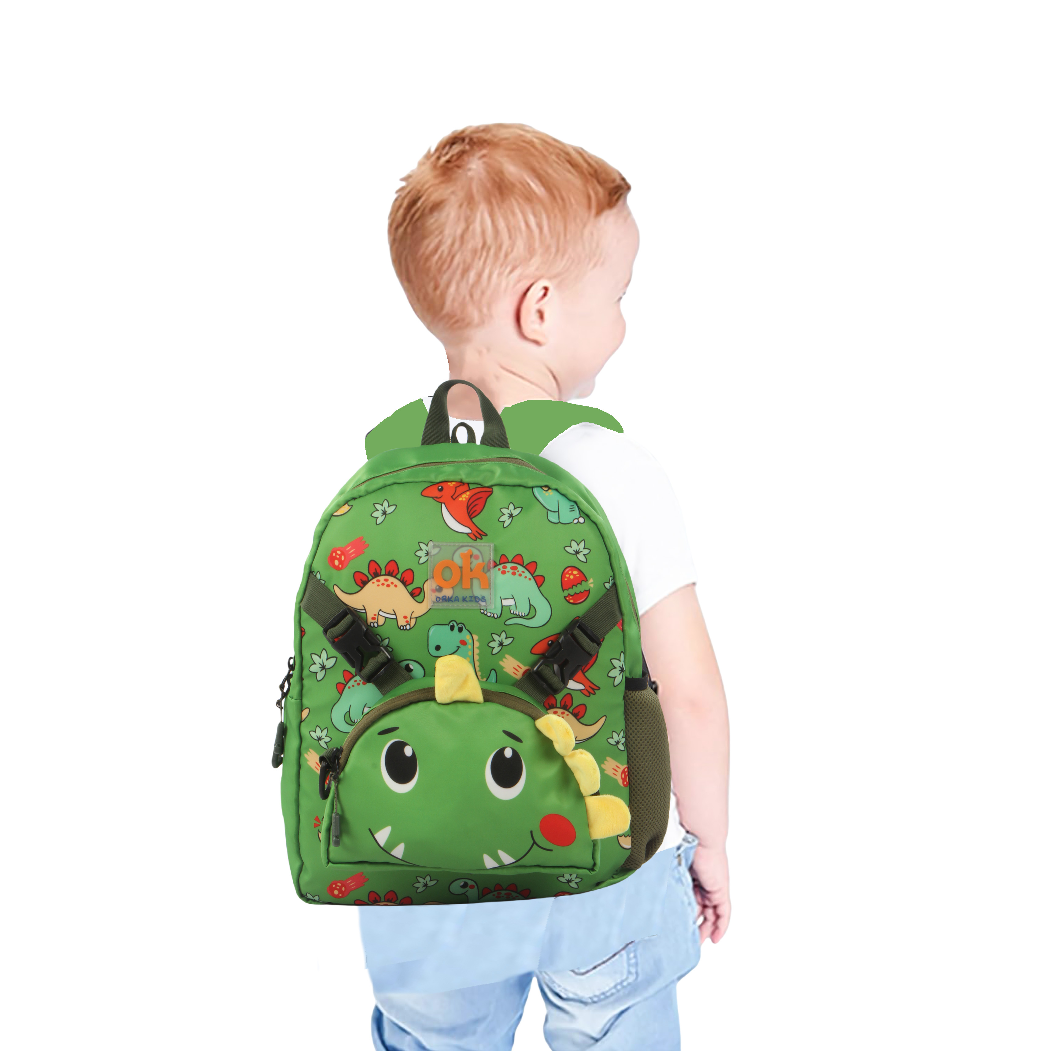 Orka Kids Tiny Tots Toddler Backpack Boys 15 Inch Kids Preschool Kindergarten School Backpack Book Bag for Daycare Nursery Travel with Chest Strap, Fits 2 to 12 years old, (Toddler Green)