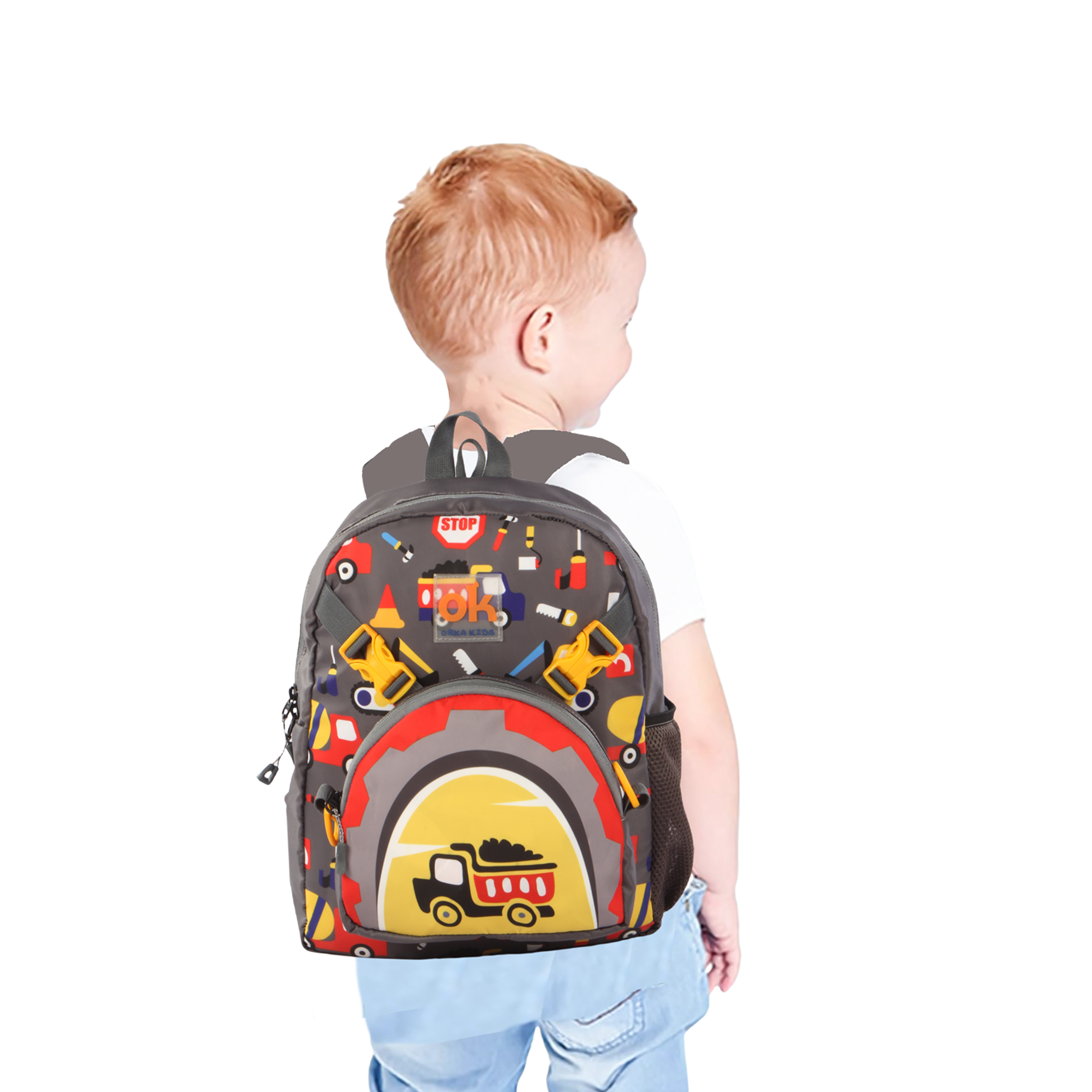 Orka Kids Tiny Tots Toddler Backpack Boys 15 Inch Kids Preschool Kindergarten School Backpack Book Bag for Daycare Nursery Travel with Chest Strap, Fits 2 to 12 years old, (Truck Grey)