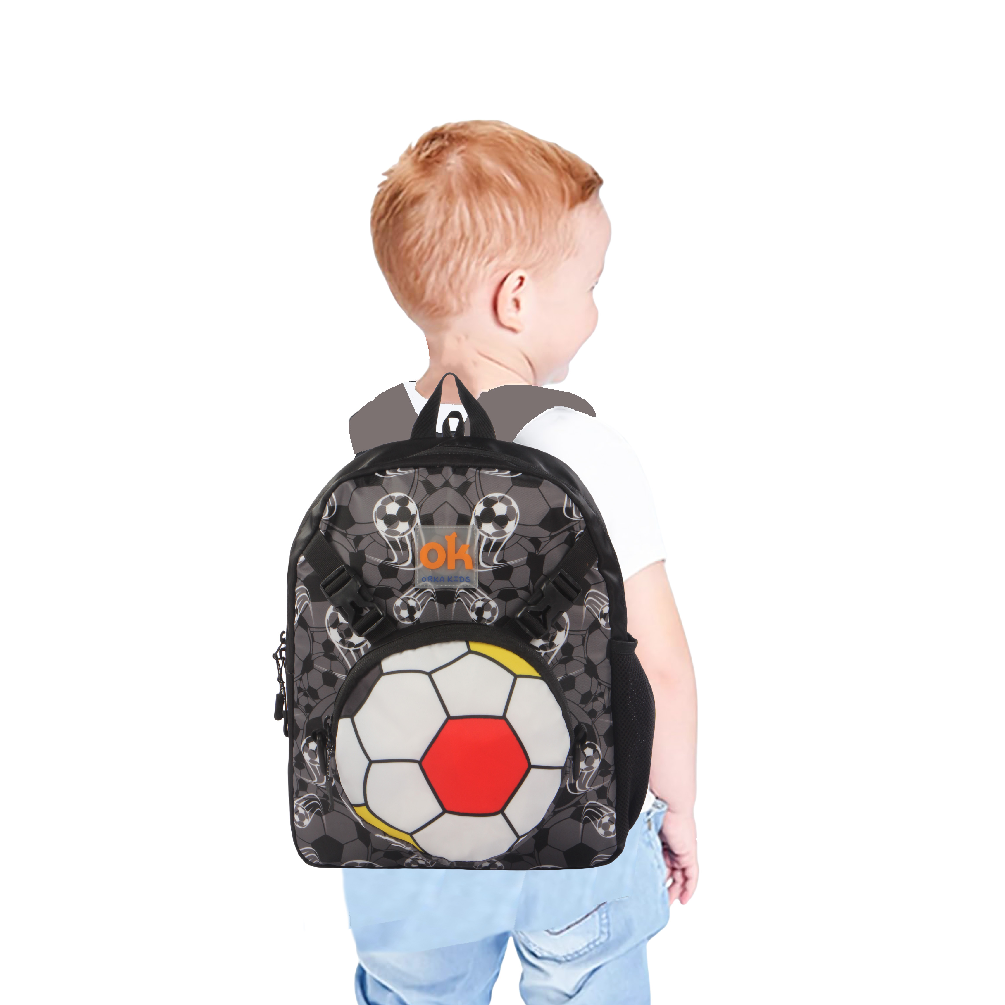 Orka Kids Tiny Tots Toddler Backpack Boys 15 Inch Kids Preschool Kindergarten School Backpack Book Bag for Daycare Nursery Travel with Chest Strap, Fits 2 to 12 years old, (Football Black)