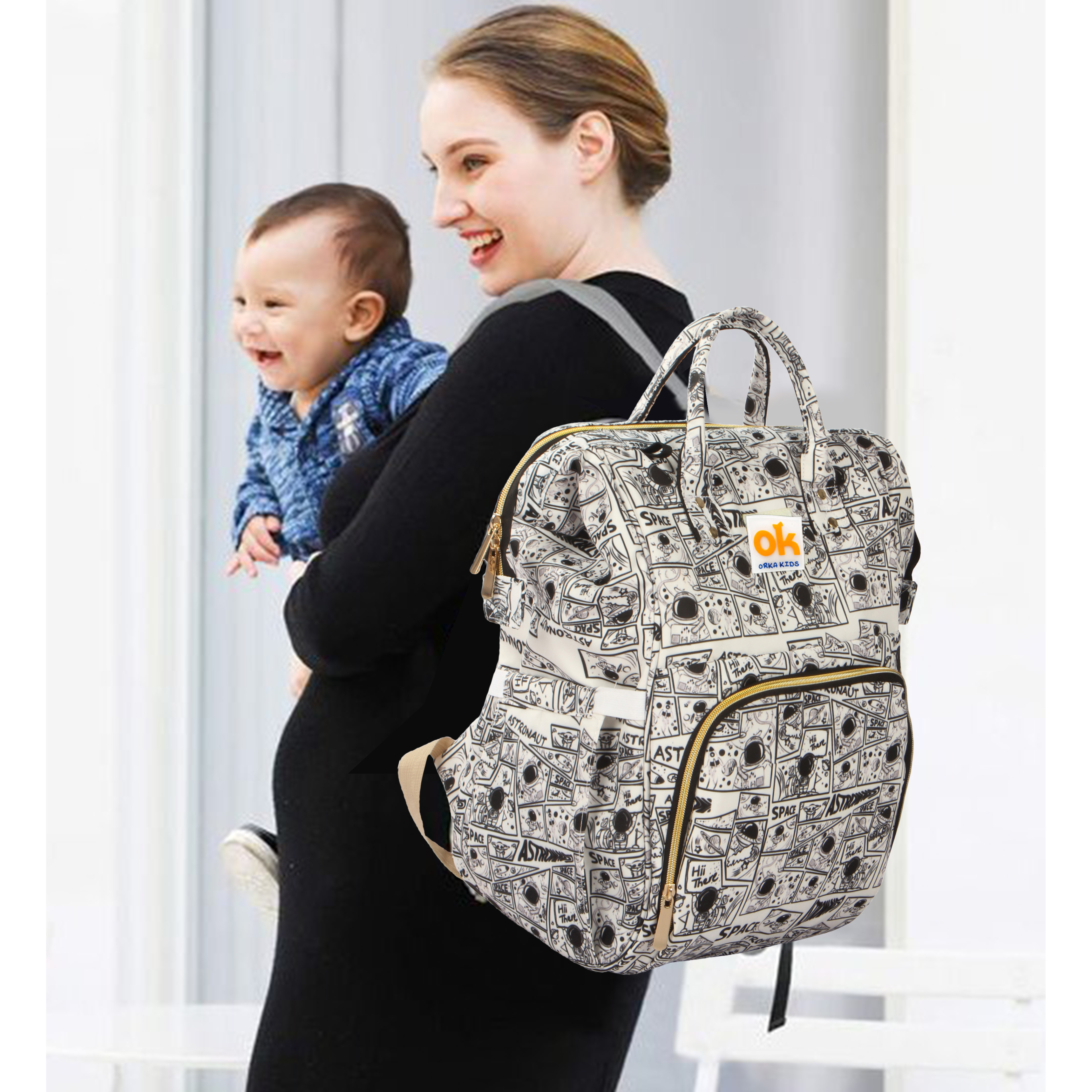 Orka Kids Moms Back Pack Waterproof Mother Bag for Babies, Diaper Bag for Baby, Maternity Travel Backpack Spacious Cushioned Shoulder Strap Many Compartment Multi Utility Large (Astronaut Space)