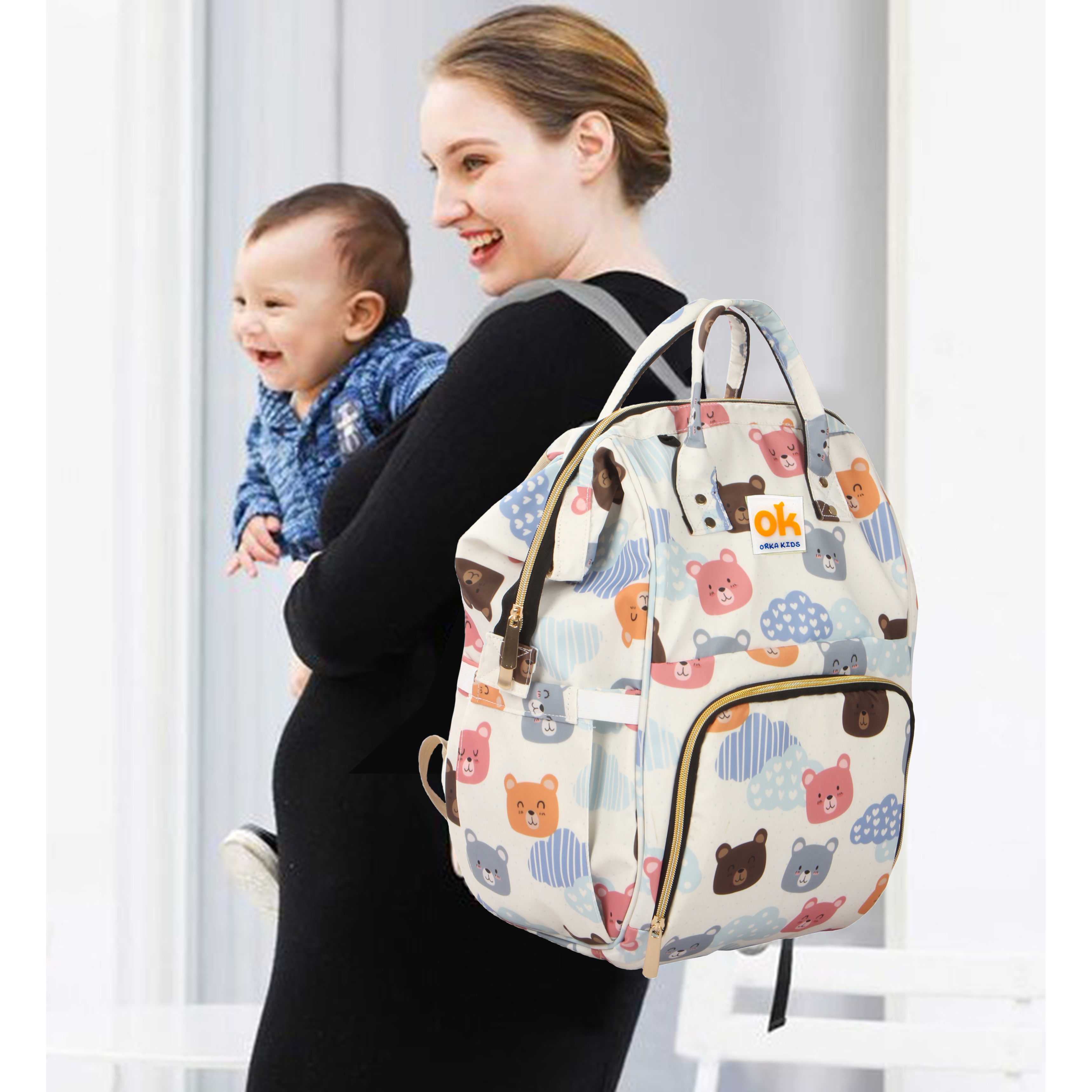Orka Kids Moms Back Pack Waterproof Mother Bag for Babies, Diaper Bag for Baby, Maternity Travel Backpack Spacious Cushioned Shoulder Strap Many Compartment Multi Utility Large (Cute Teddy Vector)