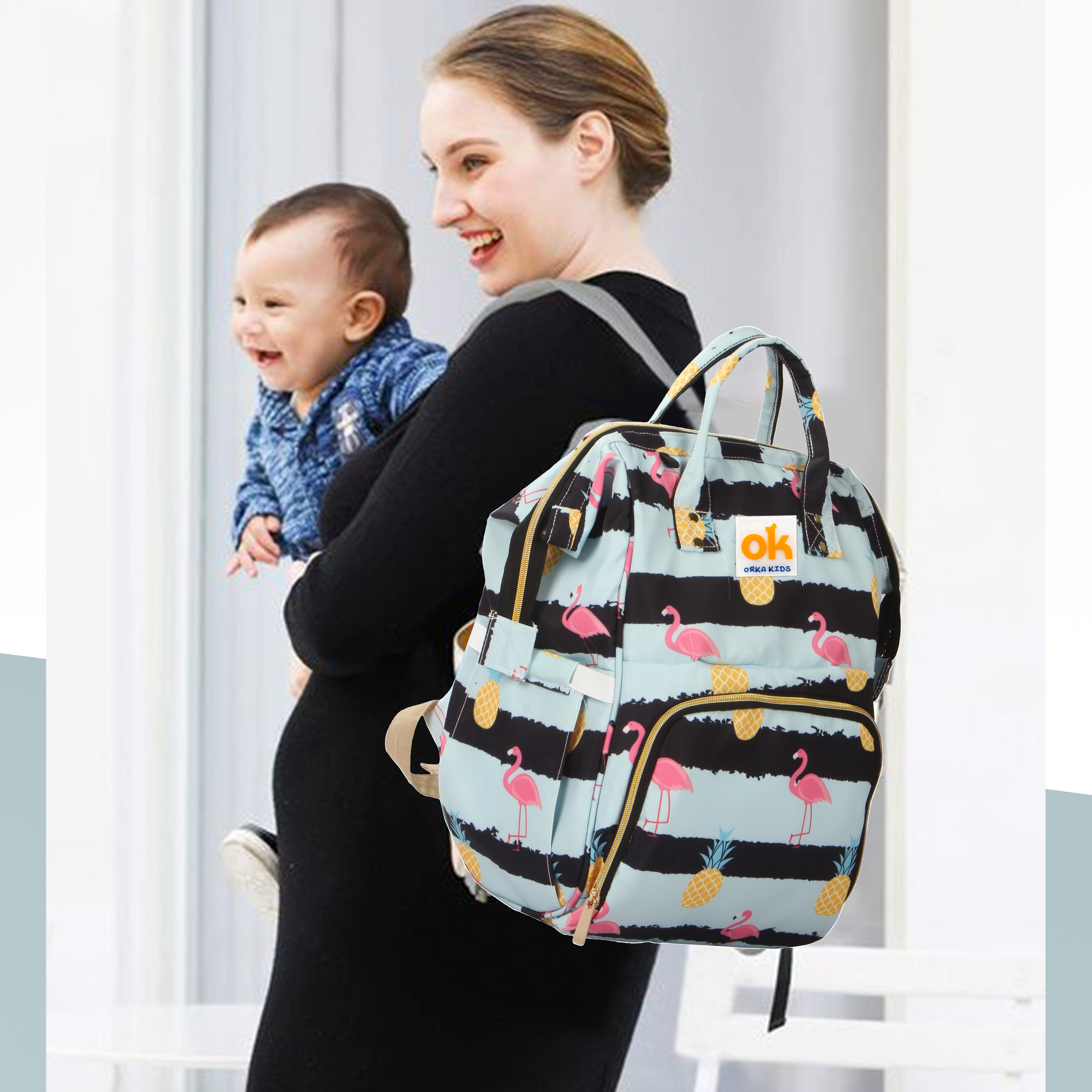 Orka Kids Moms Back Pack Waterproof Mother Bag for Babies, Diaper Bag for Baby, Maternity Travel Backpack Spacious Cushioned Shoulder Strap Many Compartment Multi Utility Large (Flamingo Bird)