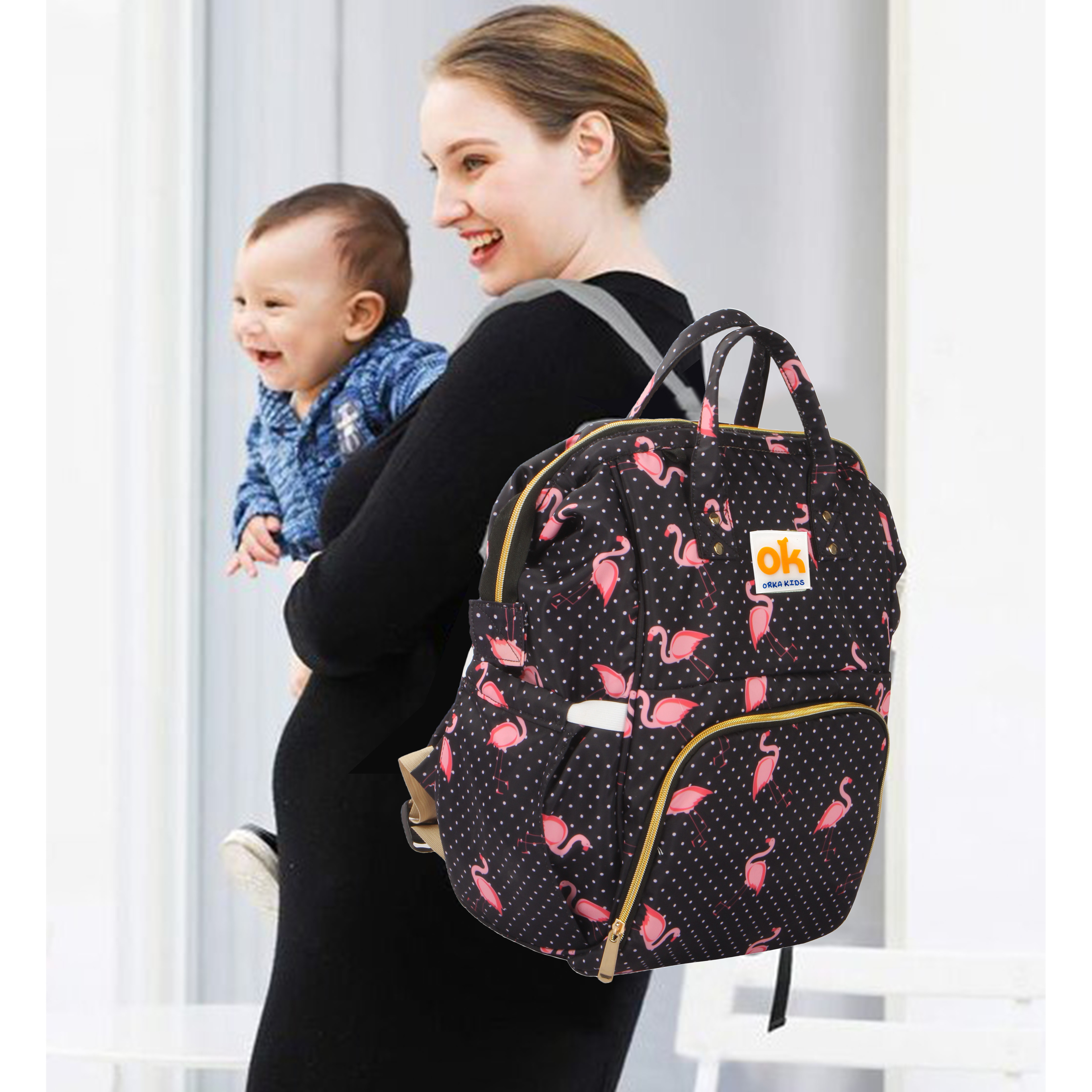 Orka Kids Moms Back Pack Waterproof Mother Bag for Babies, Diaper Bag for Baby, Maternity Travel Backpack Spacious Cushioned Shoulder Strap Many Compartment Multi Utility Large (Flamingo Vectors)