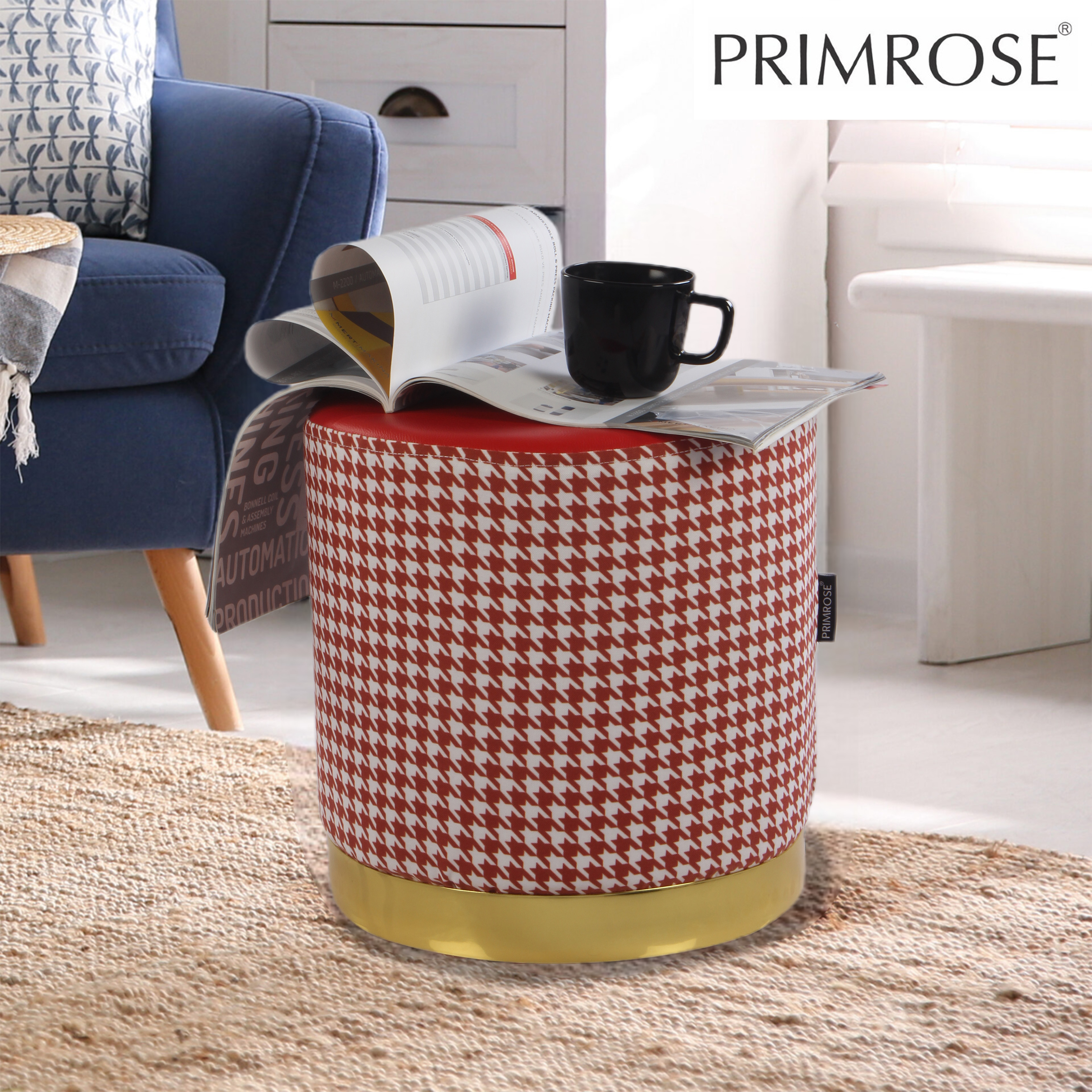 Primrose Candy Houndstooth Ottoman Sitting, Pouffe Stool for Living Room - Red