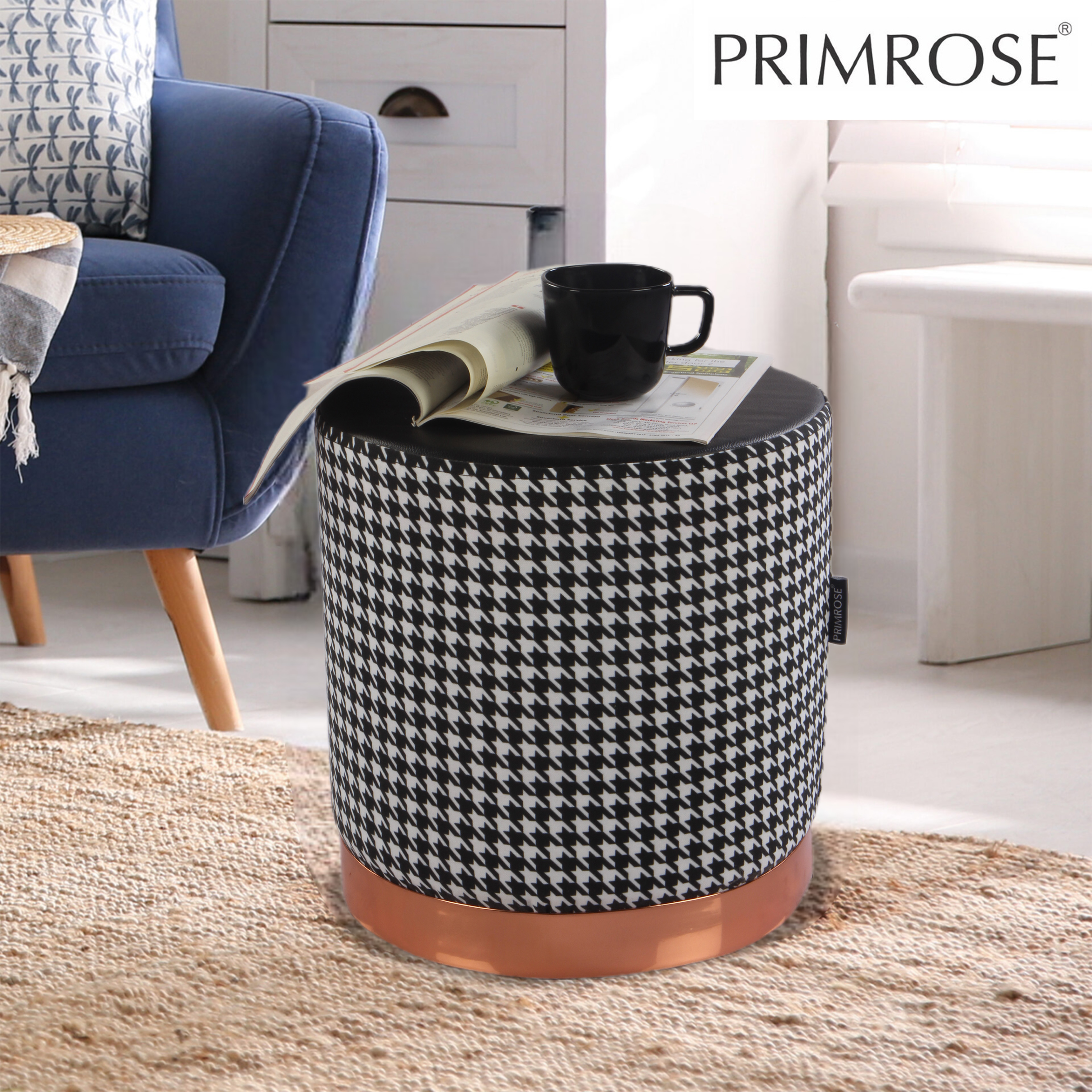 Primrose Candy Houndstooth Ottoman Sitting, Pouffe Stool for Living Room - Black