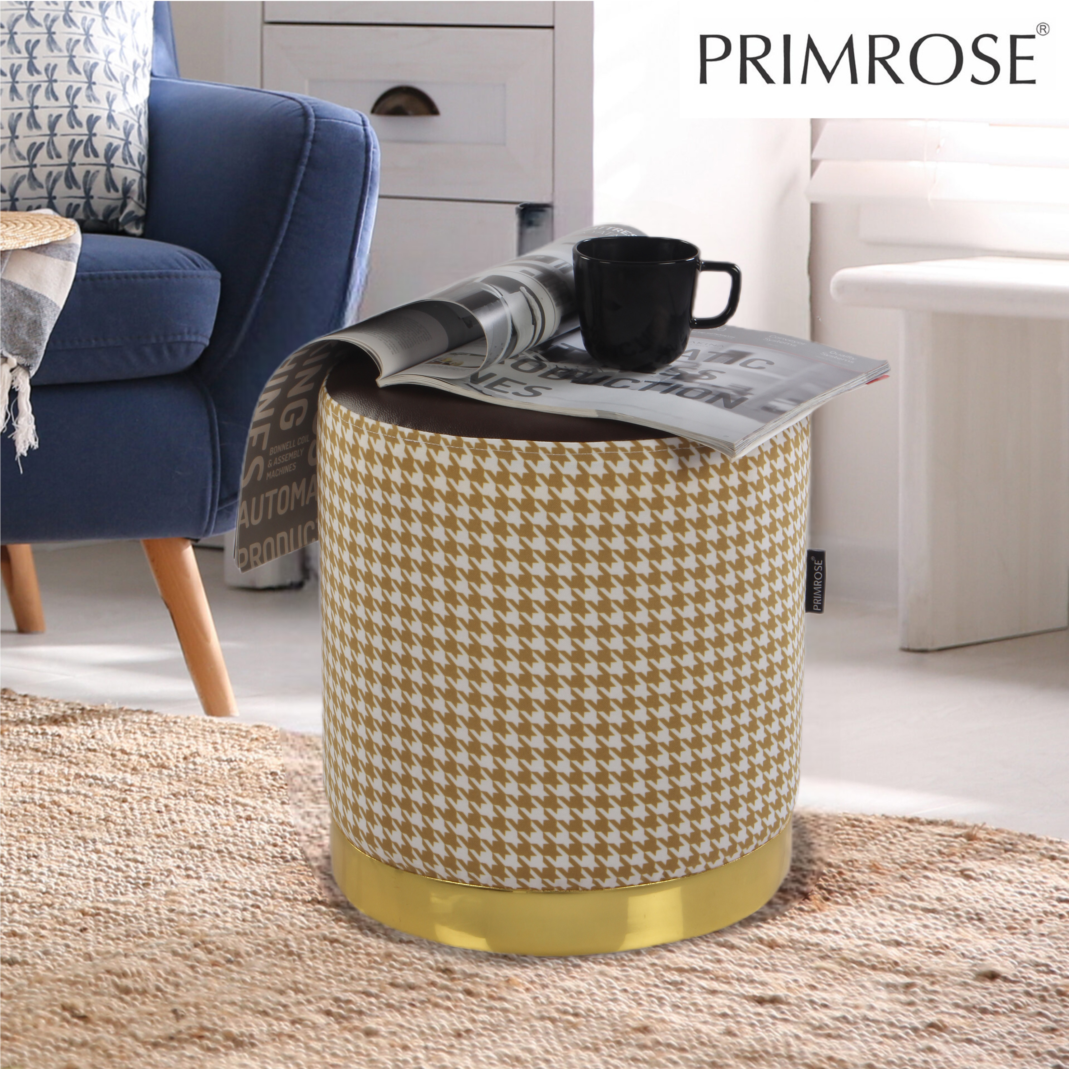 Primrose Candy Houndstooth Ottoman Sitting, Pouffe Stool for Living Room - Golden