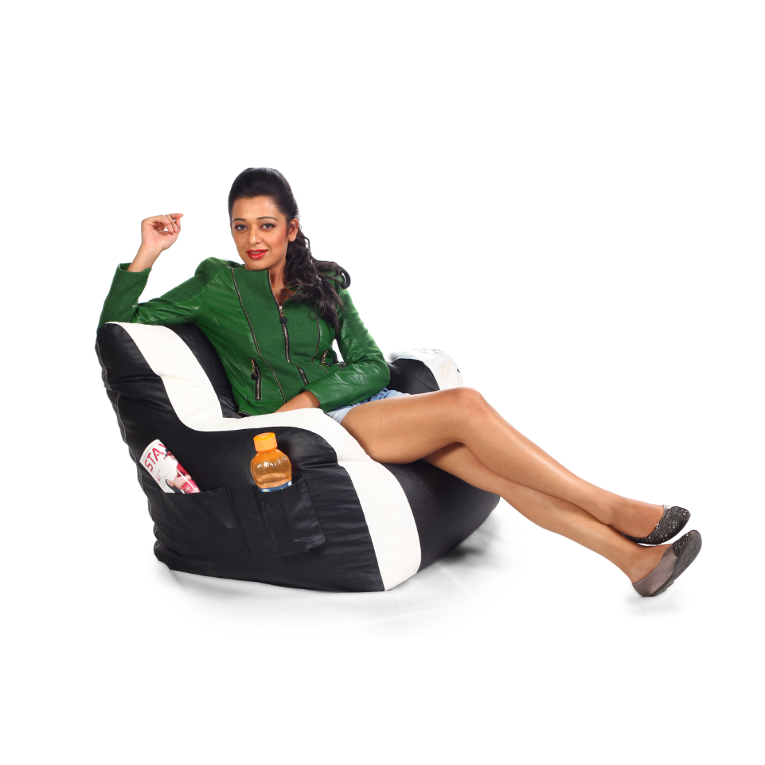 Orka Denier Fabric Arm Chair Bean Bag Filled With Beans - Black,White