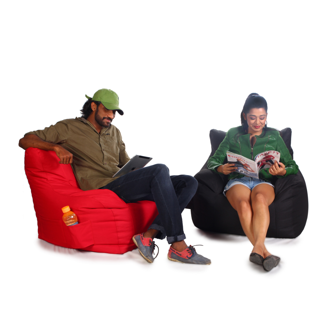 Orka Denier Fabric Arm Chair Bean Bag Filled With Beans - Black, Red (Pack of 2)