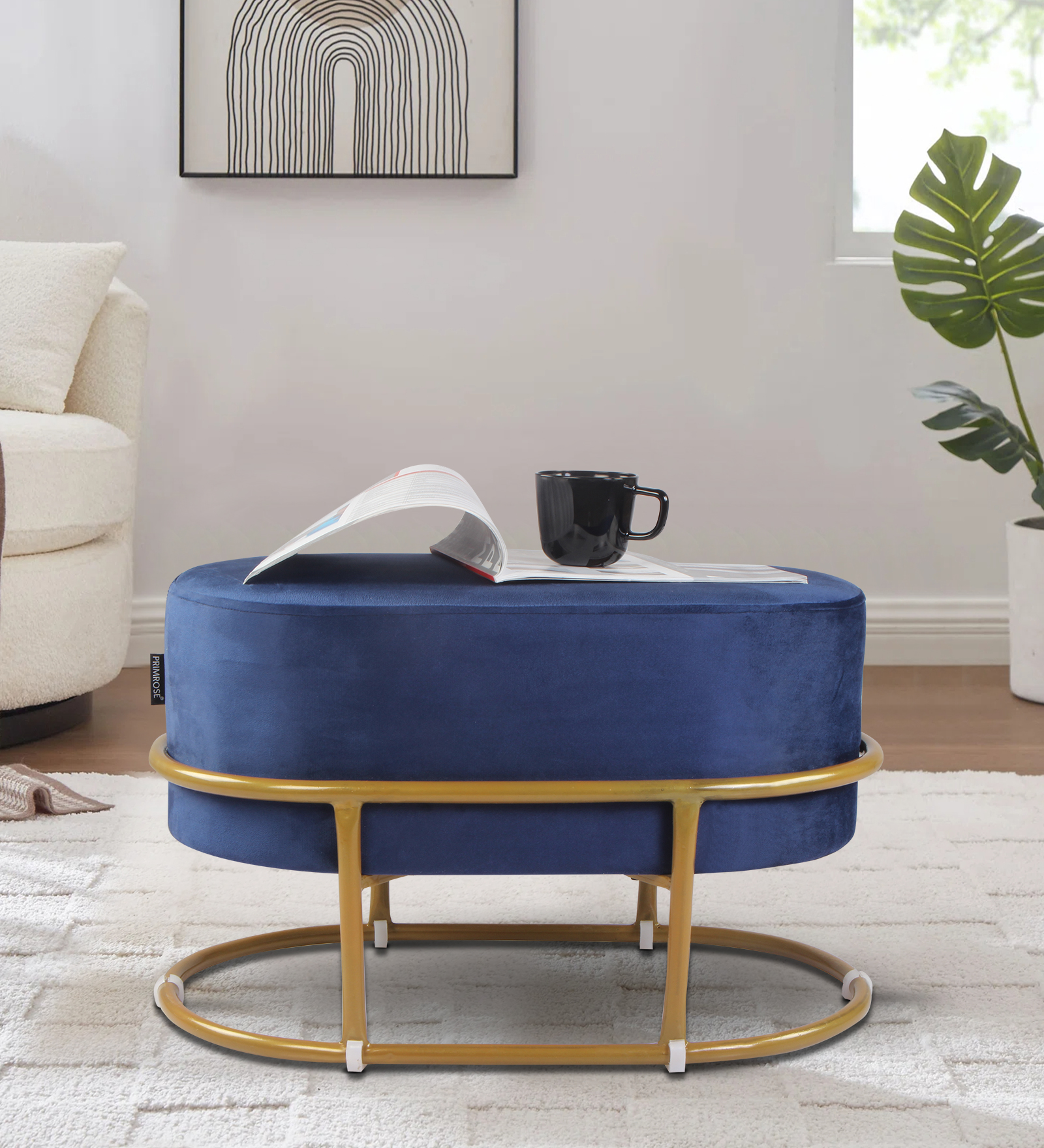 Primrose Velvet Upholstered Ottoman with Gold Plating Base Foot Vanity Makeup Stool, Side Stool for Bedroom Living Room (Craig)